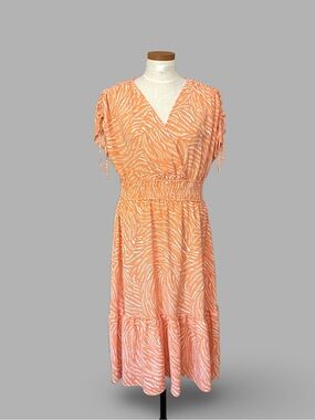 Coastal Comfort Orange/White Drawstring Shoulder Smocked Waist Midi Dress SzXL